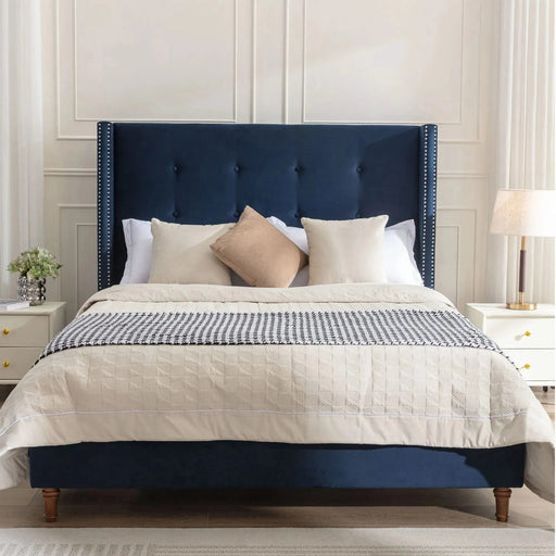 Peyton Upholstered King Bed with 54' High Headboard and Nailhead Trim Wingback in Blue Velvet, No Box Spring Needed Default -DTYStore