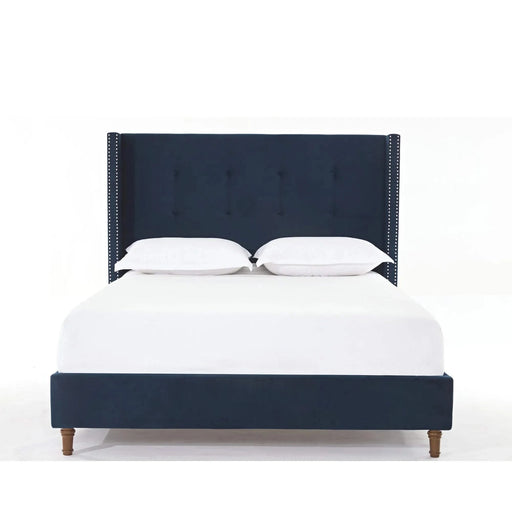 Peyton Upholstered King Bed with 54' High Headboard and Nailhead Trim Wingback in Blue Velvet, No Box Spring Needed Default -DTYStore