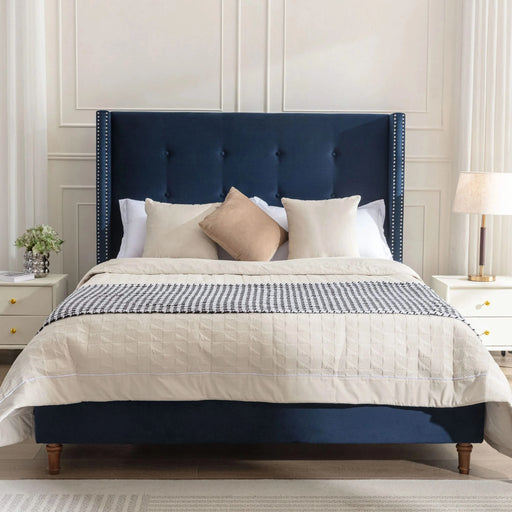 Peyton Upholstered Queen Bed with 54' High Headboard and Traditional Buttoned Tufting in Blue Velvet Default -DTYStore