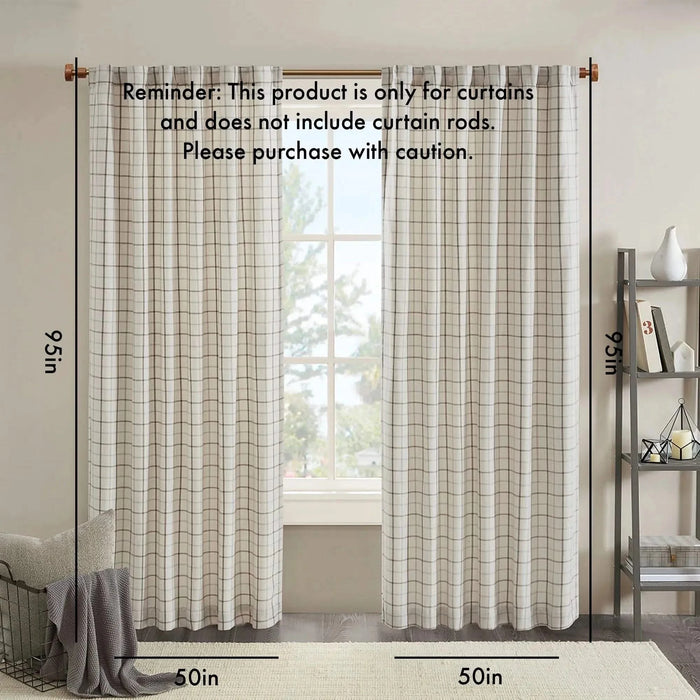 Plaid Rod Pocket and Back Tab Curtain Panel with Fleece Lining, Thermal Insulated Natural -DTYStore