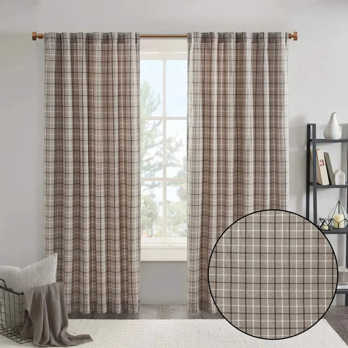 Plaid Rod Pocket and Back Tab Curtain Panel with Fleece Lining, Thermal Insulated Brown Not Specified -DTYStore