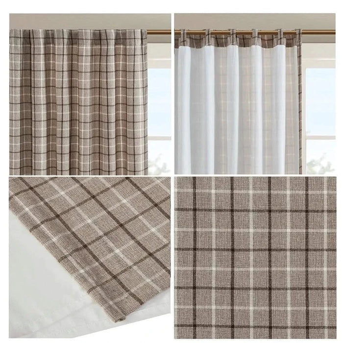 Plaid Rod Pocket and Back Tab Curtain Panel with Fleece Lining, Thermal Insulated Brown Not Specified -DTYStore