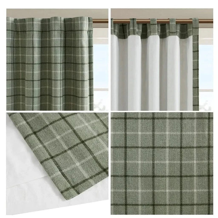 Plaid Rod Pocket and Back Tab Curtain Panel with Fleece Lining, Thermal Insulated Green Not Specified -DTYStore
