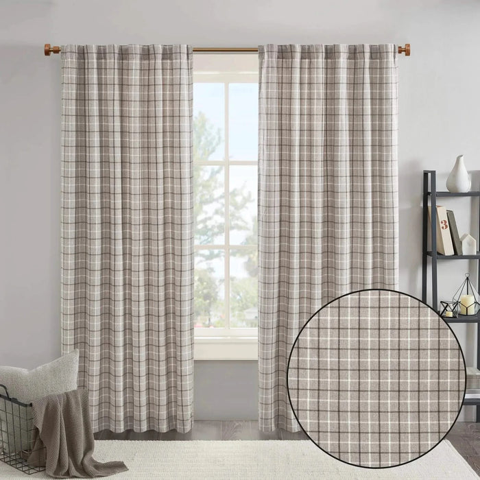 Plaid Rod Pocket and Back Tab Curtain Panel with Fleece Lining, Thermal Insulated Brown 50x108' 1PC -DTYStore