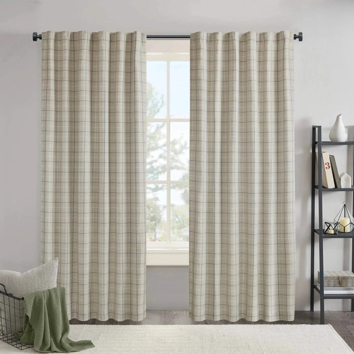 Plaid Rod Pocket and Back Tab Curtain Panel with Fleece Lining, Thermal Insulated Beige 1PC -DTYStore