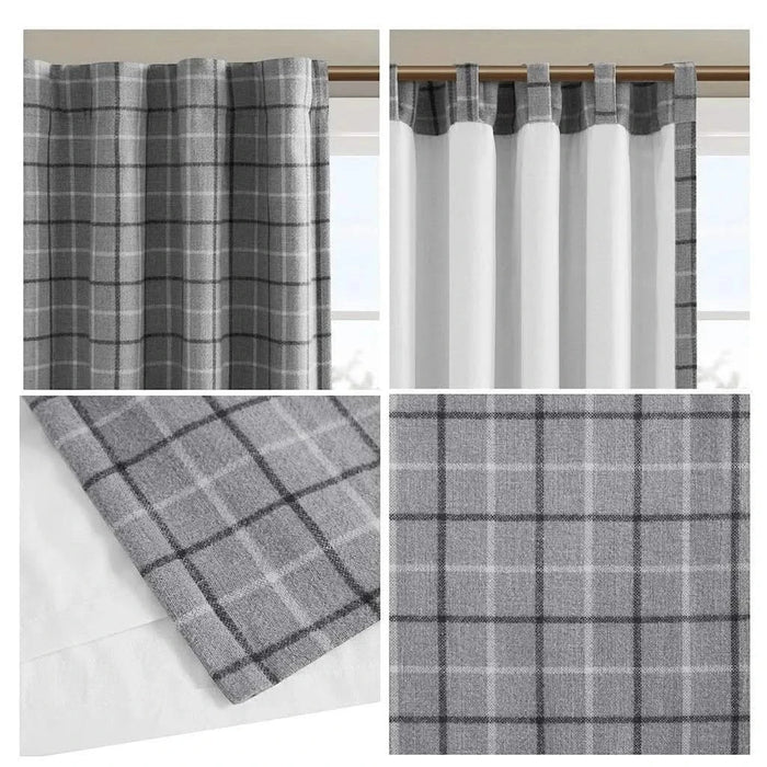 Plaid Rod Pocket and Back Tab Curtain Panel with Fleece Lining, Thermal Insulated Grey Not Specified -DTYStore