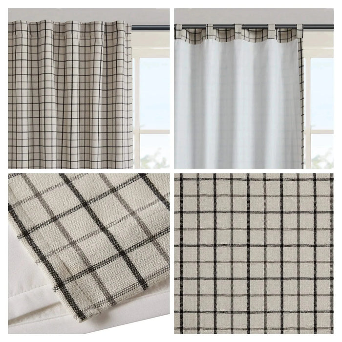 Plaid Rod Pocket and Back Tab Curtain Panel with Fleece Lining, Thermal Insulated Black 1PC -DTYStore