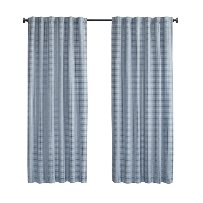 Plaid Rod Pocket and Back Tab Curtain Panel with Fleece Lining, Thermal Insulated Blue 1PC -DTYStore
