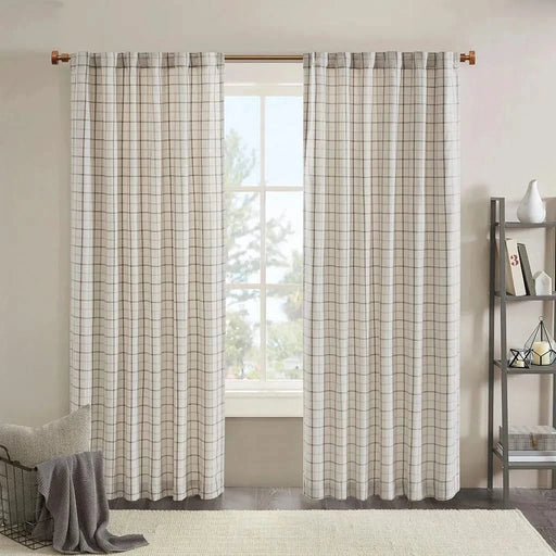 Plaid Rod Pocket and Back Tab Curtain Panel with Fleece Lining, Thermal Insulated Natural -DTYStore
