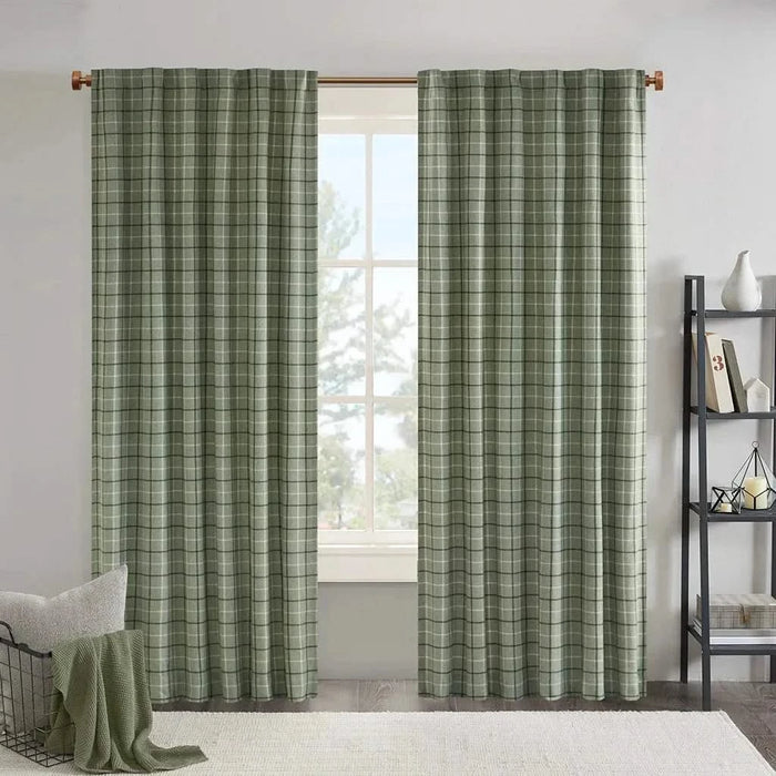 Plaid Rod Pocket and Back Tab Curtain Panel with Fleece Lining, Thermal Insulated Green Not Specified -DTYStore