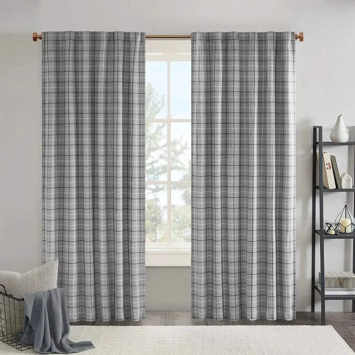 Plaid Rod Pocket and Back Tab Curtain Panel with Fleece Lining, Thermal Insulated Grey Not Specified -DTYStore