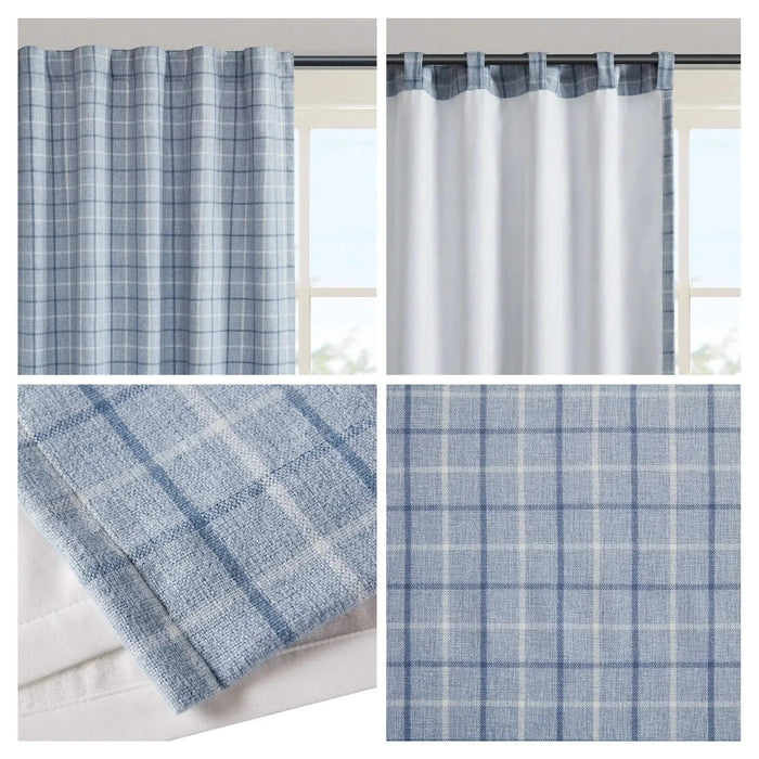 Plaid Rod Pocket and Back Tab Curtain Panel with Fleece Lining, Thermal Insulated Blue 1PC -DTYStore