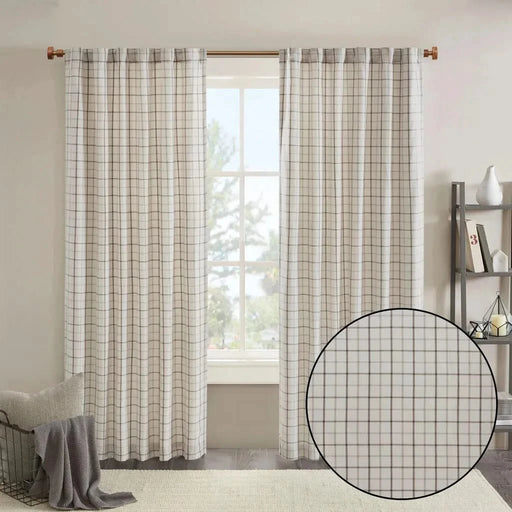 Plaid Rod Pocket and Back Tab Curtain Panel with Fleece Lining, Thermal Insulated Natural -DTYStore