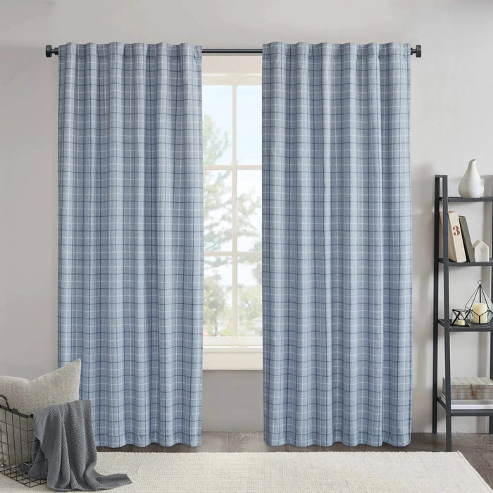 Plaid Rod Pocket and Back Tab Curtain Panel with Fleece Lining, Thermal Insulated Blue 1PC -DTYStore
