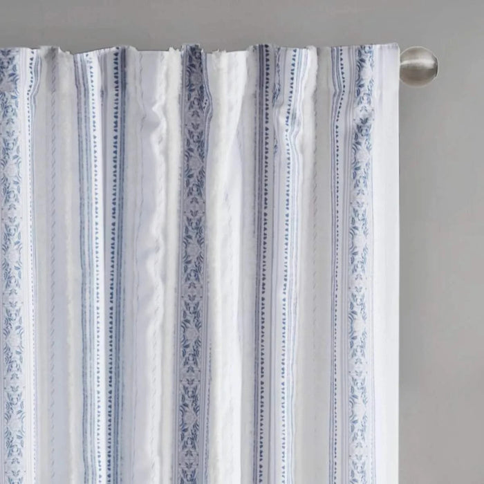 Poly Printed Curtain Panel with Tufted Stripe and Lining White/Navy 50x84' Default -DTYStore