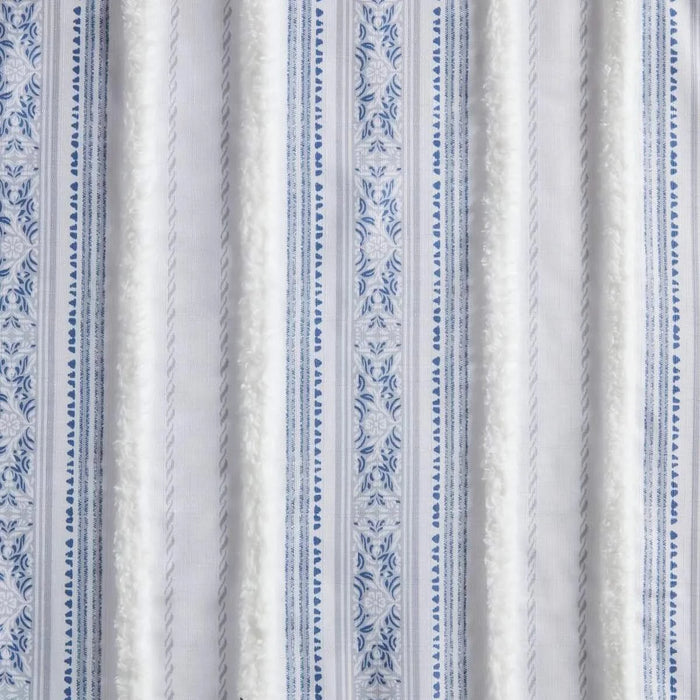 Poly Printed Curtain Panel with Tufted Stripe and Lining White/Navy 50x84' Default -DTYStore