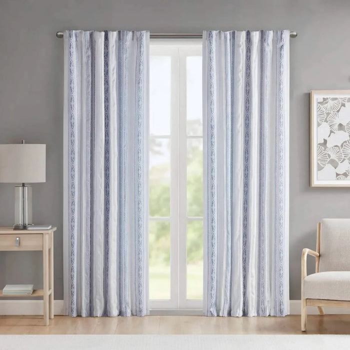Poly Printed Curtain Panel with Tufted Stripe and Lining White/Navy 50x84' Default -DTYStore
