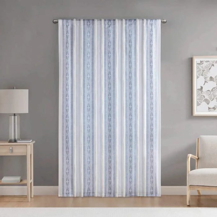 Poly Printed Curtain Panel with Tufted Stripe and Lining White/Navy 50x84' Default -DTYStore