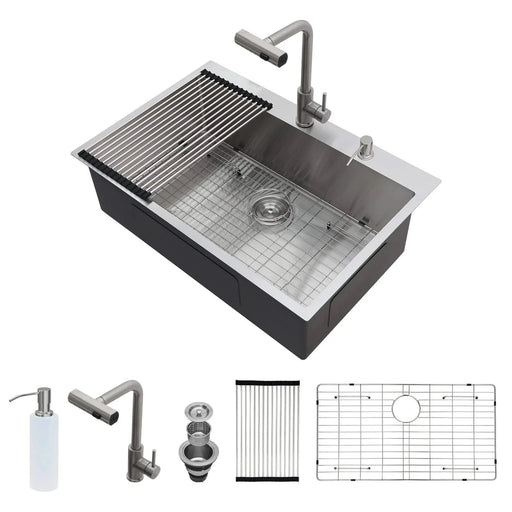 Premium 30-Inch Drop-in Kitchen Sink with Pull-Down Faucet and Soap Dispenser, Brushed Nickel Stainless Steel Default -DTYStore