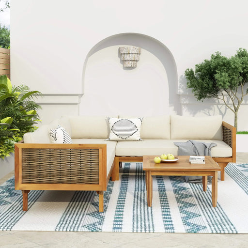 Premium Outdoor Sofa Set with Waterproof Cushions in Beige - Sectional Seating Group with Acacia Wood and Wicker Default -DTYStore