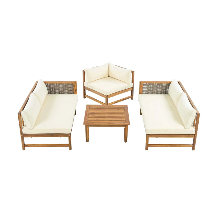 Premium Outdoor Sofa Set with Waterproof Cushions in Beige - Sectional Seating Group with Acacia Wood and Wicker Default -DTYStore