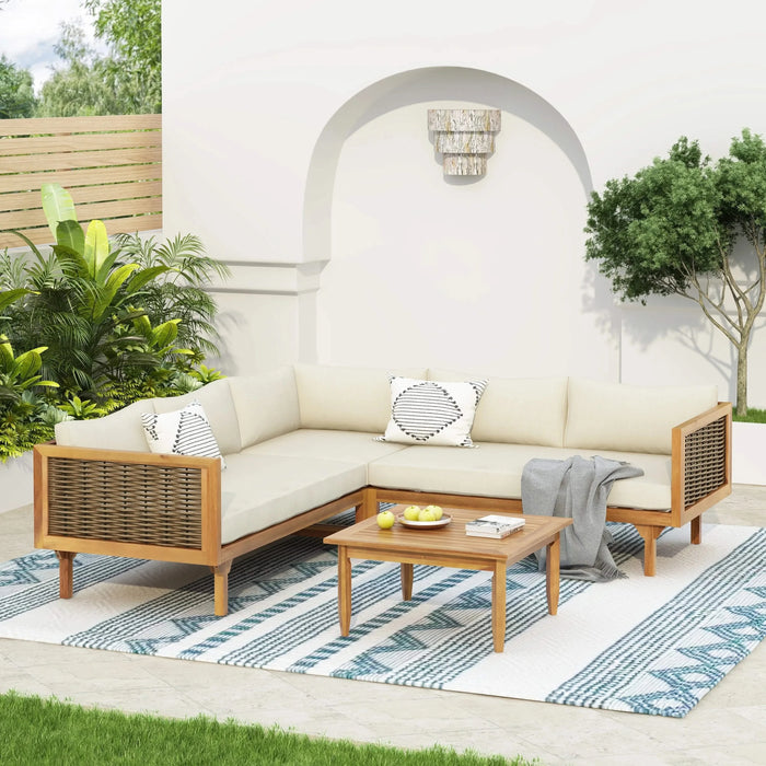 Premium Outdoor Sofa Set with Waterproof Cushions in Beige - Sectional Seating Group with Acacia Wood and Wicker Default -DTYStore