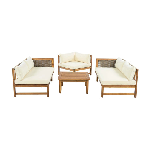 Premium Outdoor Sofa Set with Waterproof Cushions in Beige - Sectional Seating Group with Acacia Wood and Wicker Default -DTYStore
