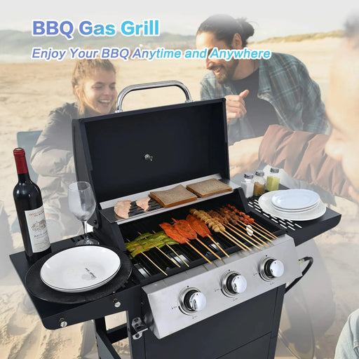 Propane Gas Grill 3 Burner Barbecue Grill, Stainless Steel 26,000 BTU Patio Garden Barbecue Grill with Two Shelves, Lid, Wheels and Bottle Opener Default -DTYStore
