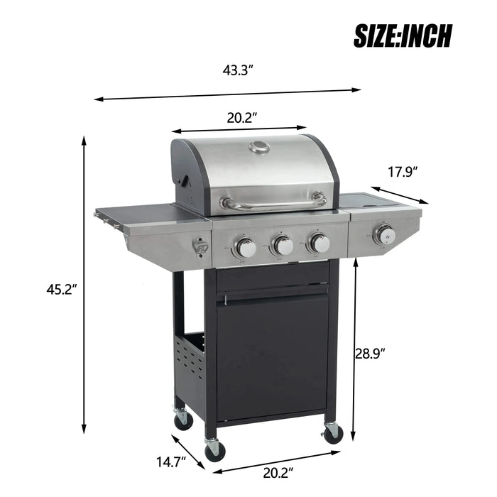 Propane Grill 3 Burner Barbecue Grill Stainless Steel Gas Grill with Side Burner, 37,000 BTU Outdoor Cooking, Patio, Garden Barbecue Grill, Black and Silver Default -DTYStore