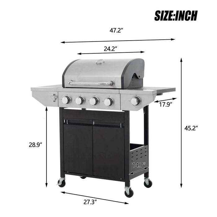Propane Grill 4 Burner Barbecue Grill Stainless Steel Gas Grill with Side Burner, 46,500 BTU Outdoor Cooking, Patio, Garden Barbecue Grill, Black and Silver Default -DTYStore