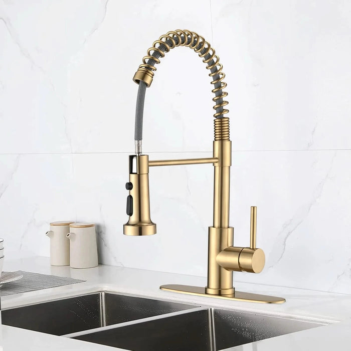 Pull Down Sprayer Spring Kitchen Sink Faucet Brushed Gold - DTY Store