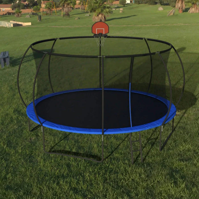 Pumpkin 14 FT Outdoor Trampoline with Basketball Hoop, Enclosure Net, Ladder, Black and Blue, Metal Default -DTYStore