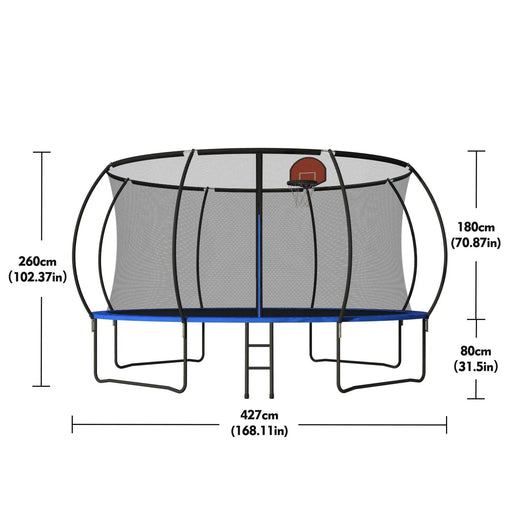 Pumpkin 14 FT Outdoor Trampoline with Basketball Hoop, Enclosure Net, Ladder, Black and Blue, Metal Default -DTYStore
