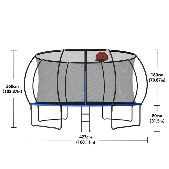 Pumpkin 14 FT Outdoor Trampoline with Basketball Hoop, Enclosure Net, Ladder, Black and Blue, Metal Default -DTYStore