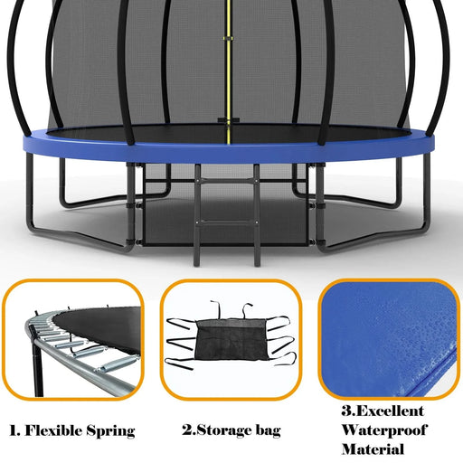 Pumpkin Style 12FT Kids Trampoline with Safety Enclosure Net & Ladder, Blue Steel Furniture, Home Gym, searchfilter_Furniture, Trampolines| DTY Store