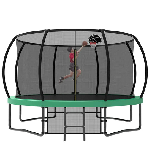 Pumpkin Style 12FT Recreational Kids Trampoline with Safety Enclosure Net & Ladder, Green Steel Frame, 144.09 Inches - DTY Store