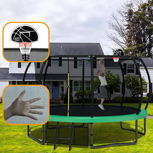 Pumpkin Style 12FT Recreational Kids Trampoline with Safety Enclosure Net & Ladder, Green Steel Frame, 144.09 Inches- DTY Store