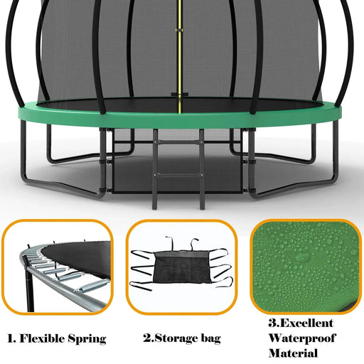 Pumpkin Style 12FT Recreational Kids Trampoline with Safety Enclosure Net & Ladder, Green Steel Frame, 144.09 Inches - DTY Store