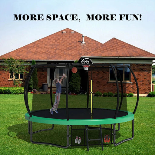 Pumpkin Style 12FT Recreational Kids Trampoline with Safety Enclosure Net & Ladder, Green Steel Frame, 144.09 Inches- DTY Store
