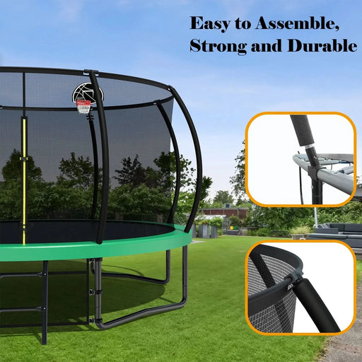 Pumpkin Style 12FT Recreational Kids Trampoline with Safety Enclosure Net & Ladder, Green Steel Frame, 144.09 Inches - DTY Store