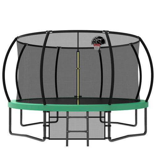 Pumpkin Style 12FT Recreational Kids Trampoline with Safety Enclosure Net & Ladder, Green Steel Frame, 144.09 Inches - DTY Store