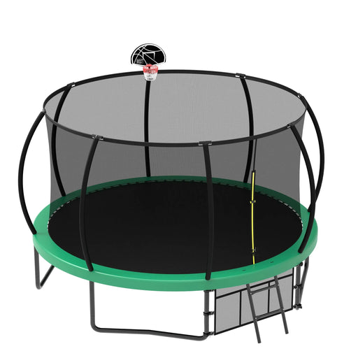 Pumpkin Style 12FT Recreational Kids Trampoline with Safety Enclosure Net & Ladder, Green Steel Frame, 144.09 Inches - DTY Store