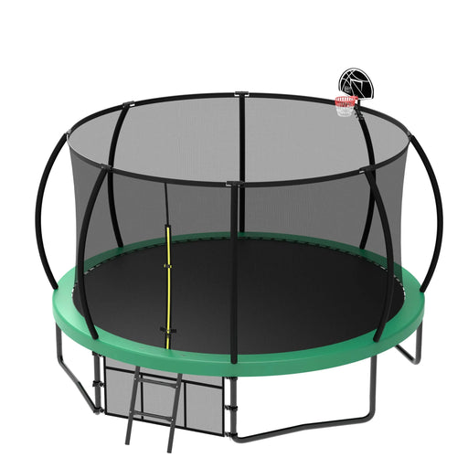 Pumpkin Style 12FT Recreational Kids Trampoline with Safety Enclosure Net & Ladder, Green Steel Frame, 144.09 Inches - DTY Store