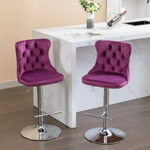 Purple Velvet Swivel Barstools with Adjustable Height and Chrome Base, Set of 2 Default -DTYStore