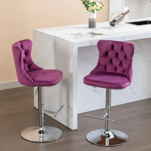 Purple Velvet Swivel Barstools with Adjustable Height and Chrome Base, Set of 2 Default -DTYStore