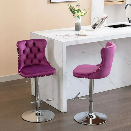 Purple Velvet Swivel Barstools with Adjustable Height and Chrome Base, Set of 2 Default -DTYStore
