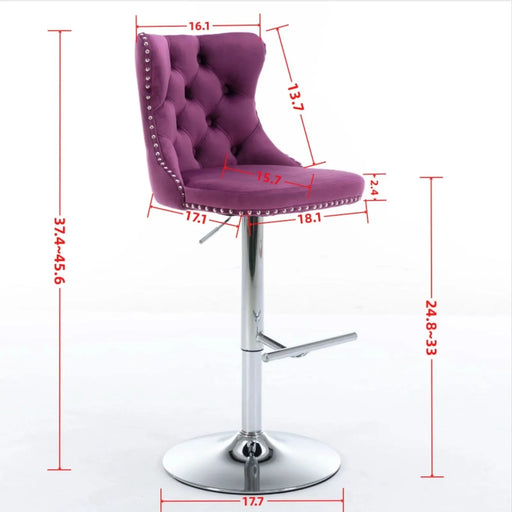 Purple Velvet Swivel Barstools with Adjustable Height and Chrome Base, Set of 2 Default -DTYStore