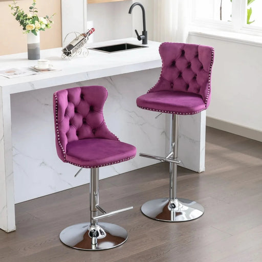 Purple Velvet Swivel Barstools with Adjustable Height and Chrome Base, Set of 2 Default -DTYStore