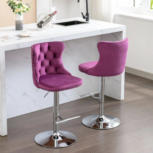 Purple Velvet Swivel Barstools with Adjustable Height and Chrome Base, Set of 2 Default -DTYStore