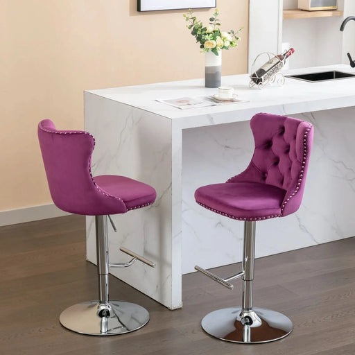 Purple Velvet Swivel Barstools with Adjustable Height and Chrome Base, Set of 2 Default -DTYStore